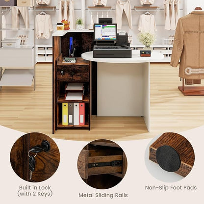 Reception Desk, Retail Checkout Counter w/Lockable Drawer & Open Shelves, Computer Workstation, Small Front Desk Reception Counter for Company Lobby Store Salon Office (White & Rustic Brown)