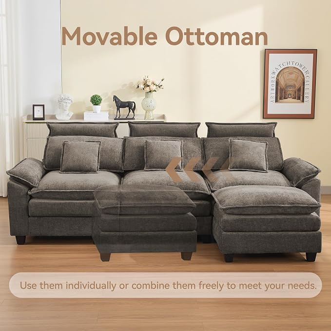 103'' Cloud Modern 3 Seater Couch with Detachable Headrest, Modular Sectional Sofa with Ottomant, Oversized L Shape Chenille Comfy Sofa with Armrests for Living Room, Brown