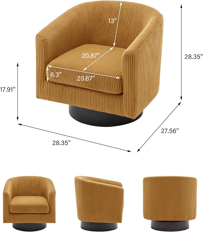 Swivel Barrel Accent Chair, Modern Round Corduroy Fabric Arm Chair for Living Room, Bedroom, Comfy Club Reading Chairs for Adults (Corduroy Orange, Set of 1)