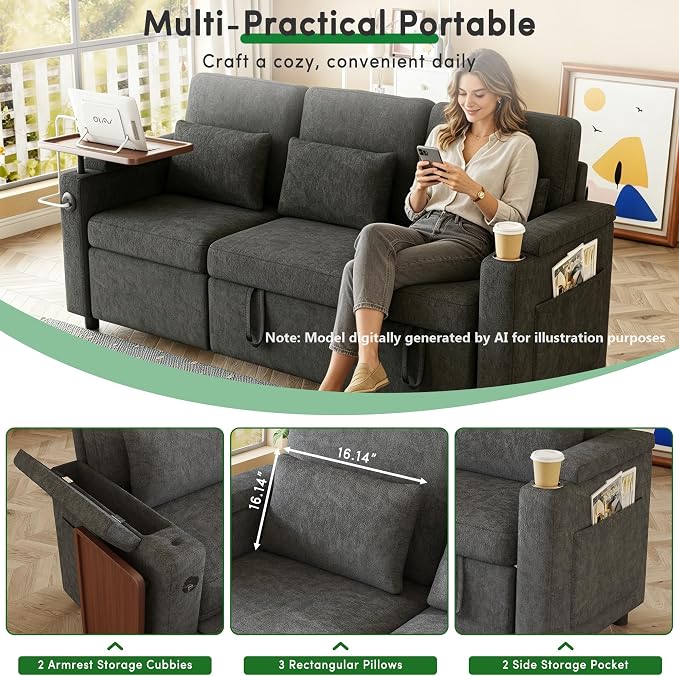 83" Recliner Sofa Bed, 3-in-1 Chenille Sleeper Sofa, Pull Out Couch Adjustable Backrest, USB, Side Pocket, Table, Cup Holder, Cloud Couch for Living Room, Apartment, Small Space, Dark Gray