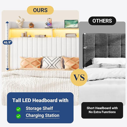 Allewie Full Size Lift Up Hydraulic Storage Bed Frame, 2-Tier Shelf Headboard with LED Lights and Charging Station, USB and Type C Ports, Wingback Velvet Headboard, No Box Spring Needed, White
