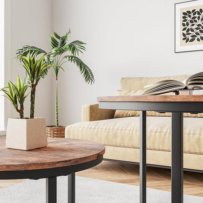 HOJINLINERO Round Coffee Table,Nesting Coffee Table Set of 2,Center Tables for Living Room,Office, Home Small Space,Stacking Side Tables,Sturdy and Easy Assembly,Wood Desktop,Rustic Brown,Small