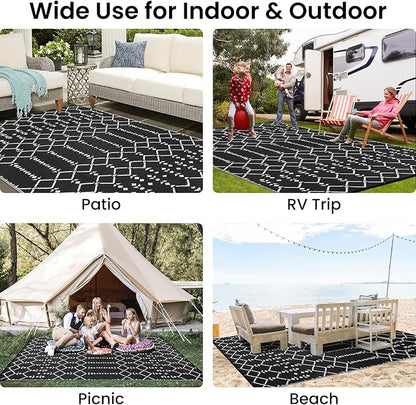 Smiry Outdoor Rug 9x12 ft, Waterproof Reversible Plastic Straw Rugs, Boho Outdoor Area Rug, Outside Floor Mat for Patio, Backyard, Deck, Picnic, Beach, Camping, Black