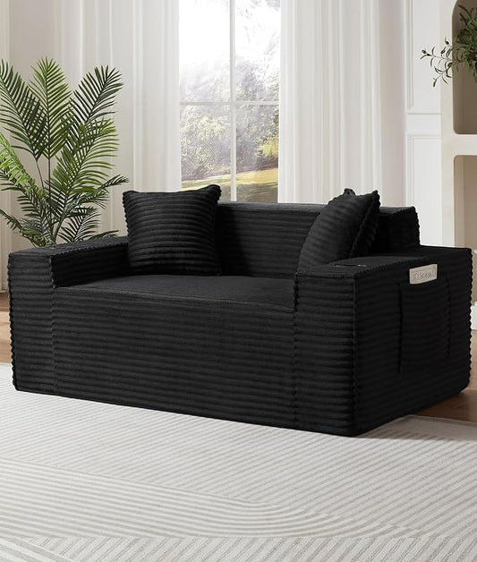 61" Boneless Sofa Couches with Cup Holder,2 Seat Loveseat Sofas with Side Pocket for Compact Living Rooms, Apartments (Black, Loveseat Sofa)