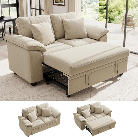 Ihanherry 61" Loveseat Sleeper Sofa, 2-in-1 Pull Out Couch Bed with 2 Pillows, Chenille Convertible Sofa Bed, Small Space Sleeper Couch for Living Room Apartment (Sand)
