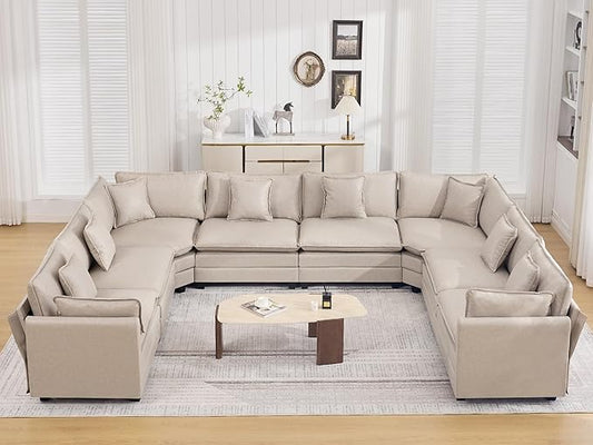 147'' Oversized U Shaped Cloud Sectional Sofa, Leather Deep Seat Couches for Living Room, Comfy Upholstered Modular Sectional Sofa Couch, Leather Beige