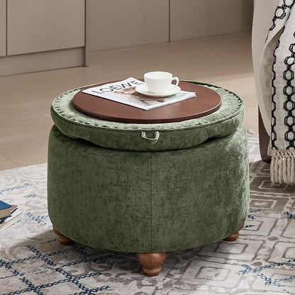 WUTUTUEE 24Inch Round Storage Ottoman with Tray, Modern Tufted Circle Coffee Table with Storage, Upholstered Ottoman with Removable Top for Living Room, Bedroom, Chenille Green