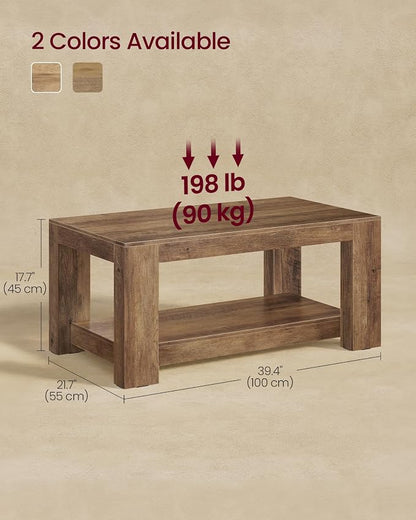 VASAGLE Coffee Table, 2-Tier Center Table with Rustic Charm and Clean Lines, Farmhouse Style, for Living Room, 21.7 x 39.4 x 17.7 in, Honey Brown, Koni Collection ULCT270K101