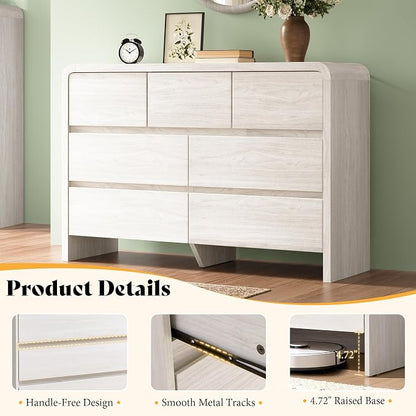 AMERLIFE Modern 3-Piece Bedroom Furniture Set with 7-Drawer Dresser and 2 Nightstands, Large Storage Capacity, Rounded Corners, Flexible Combination Design, Anti-Tip Kit Included, White