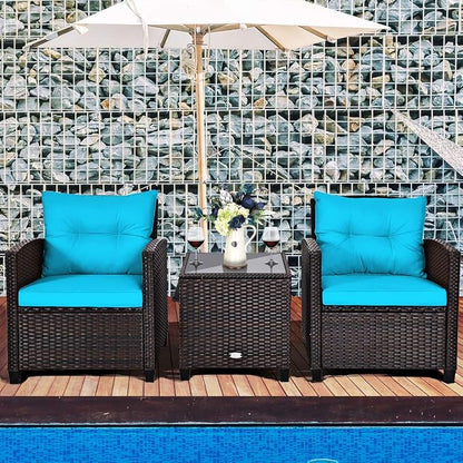 Tangkula 3 Pieces Patio Furniture Set, PE Rattan Wicker 3 Pcs Outdoor Sofa Set w/Washable Cushion and Tempered Glass Tabletop, Conversation Furniture for Garden Poolside Balcony (Turquoise)