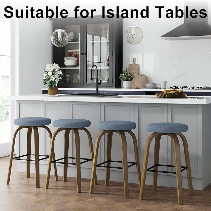 Bar Stools Set of 2, Counter Height Backless Bar Stools, 30" Swivel Barstools Kitchen Chair with Upholstered Fabric Seat, Blue