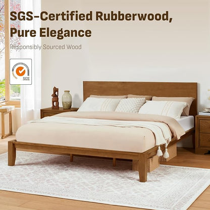 Softa Mikor King Japanese Joinery Bed Frame with Headboard, Solid Rubberwood, 1500 Lbs Heavy Duty Slats Support, SGS Certified, No-Tool Setup, Hidden Storage, USB-A/C Port, No Box Spring Needed
