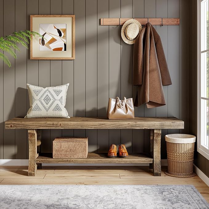 Solid Wood Entryway Bench, 55" End of Bed Bench, Long Indoor Dining Seat for Hallway, Bedroom, Living Room, Dining Room, Easy Assembly, Dark Brown