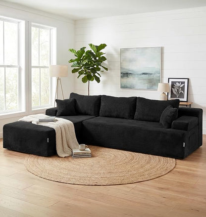Hobestluk Modular Sectional Sofa Couches L-Shape Couch 3 Seat Modular Sofa Memory Foam Sectional Couches for Living Room, Cloud Couch with Oversized Chaise (Black Corduroy, 108", Left Hand Facing)