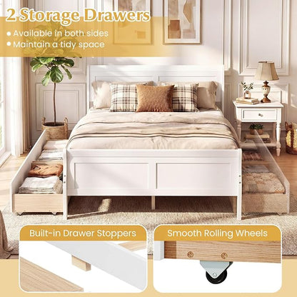 Giantex Full Bed Frame with 2 Storage Drawers, Wood Platform Bed with Headboard & Footboard, Wooden Slats Support Mattress Foundation, Sleigh Bedframe for Teens Adults, No Box Spring Needed (White)