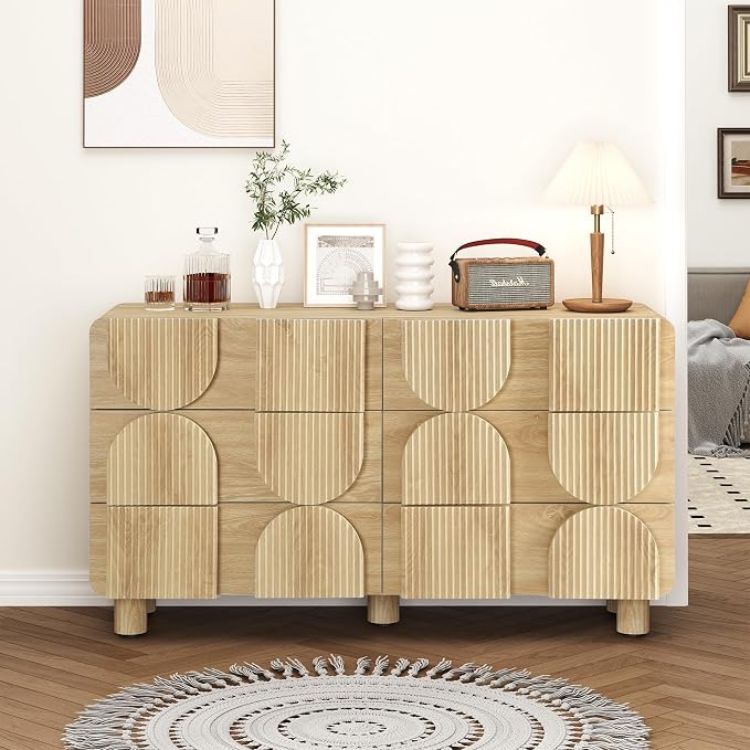 Fluted Dresser for Bedroom with 6 Drawers, 54" Wide Mid Century Modern Chest of Drawers , Wooden Curved Dresser TV Stand, Wood Closet Clothes Storage Organizer for Living Room, Hallway, Natural