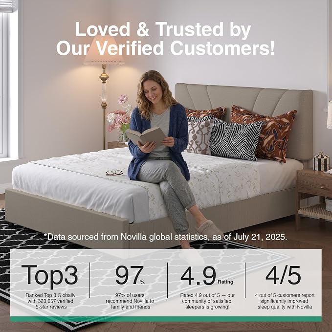 Novilla Full Size Bed Frame, Full Size Bed Frame with Headboard, Full Size Bed Frame with Storage Drawers, Full LED Bed Frame, Charging Station and Adjustable Headboard, No Box Spring Needed, Beige