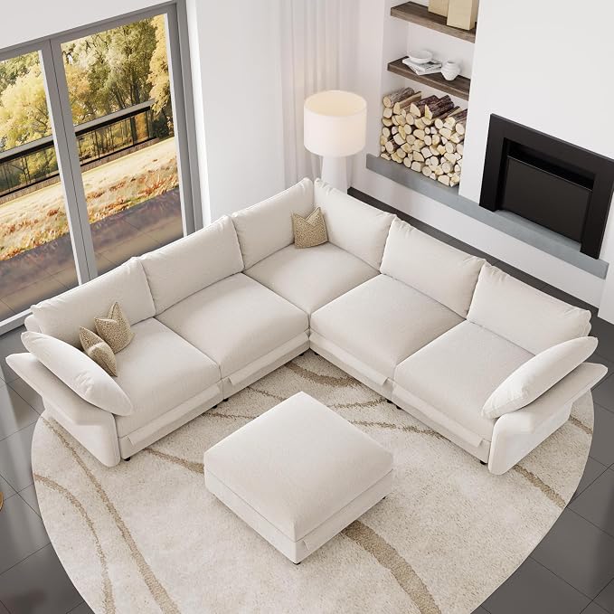 DreamDashio 126″ 6-Seat Modular Sectional Sofa for Living Room, Oversized Cloud Couch with Storage, 8 Adjustable Backs & 8 Pillows, High Back, Beige Chenille