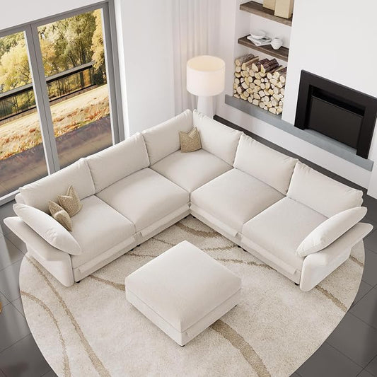 DreamDashio 126″ 6-Seat Modular Sectional Sofa for Living Room, Oversized Cloud Couch with Storage, 8 Adjustable Backs & 8 Pillows, High Back, Beige Chenille