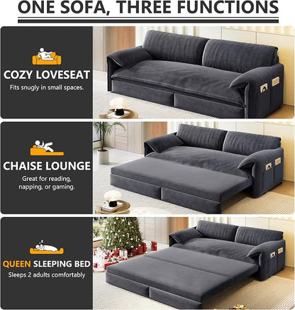 66" Sofa Bed Queen Size, Pull Out Couch Bed, 3-in-1 Convertible Sleeper Sofa with Side Pocket, Modern Velvet Futon Couch for Living Room, Small Space, Apartment, Bedroom, Grey