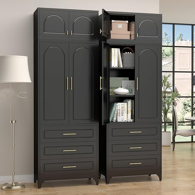 SteeLoong Kitchen Pantry Cabinet，90" Storage Cabinets with Doors and Shelves,Metal Pantry Cabinet with 3 Drawers,Black Kitchen Cupboard for Livingroom,Pantry, Bathroom