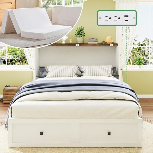 AMERLIFE Full Murphy Bed Cabinet with 6" Tri-Fold Memory Foam Mattress, Storage Drawer & Charging Station, Space-Saving Guest Bed for Home Office, Distressed White