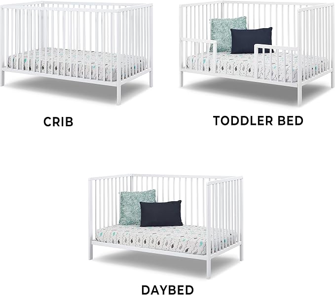 Sorelle Furniture Happy 3-in-1 Convertible Crib, Baby Crib to Toddler Bed, Sustainable Beech Wood, Non-Toxic Finish, Simplistic Nursery Furniture - White