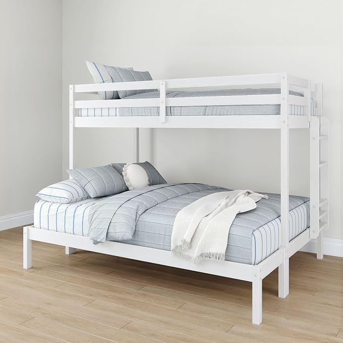 Grain & Grove Bear Twin XL Over Queen Bunk Bed, Sturdy Bunk Bed Frame for Kids, Plywood Bunk with Ladder, Guardrail, and Slats, No Box Spring Required, Brushed White