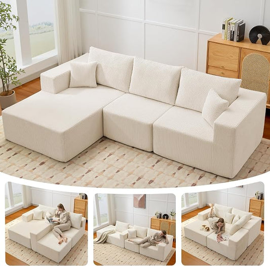 Modular Sectional Sofa for Living Room, 108" Cloud Couch Sectional with L-Shape Chaise, Modern Upholstered Corduroy Boneless Couch with Memory Foam Deep Seat, No Assembly Required (Beige)