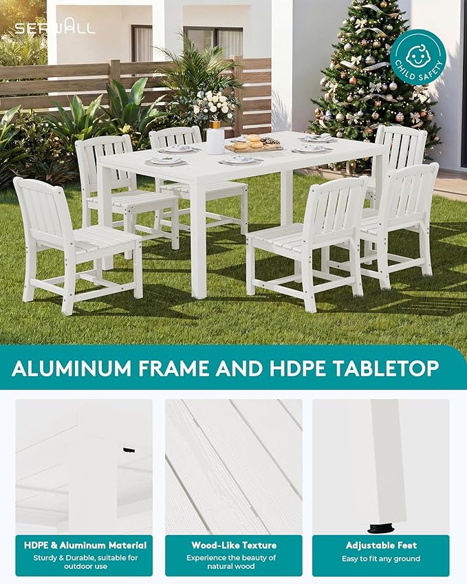 SERWALL Outdoor Patio Dining Set for 8, White | 60" - 83" Expandable Outdoor Dining Table and 8 HDPE Chairs, All Weather Material Outdoor Furniture Set Backyard, Garden
