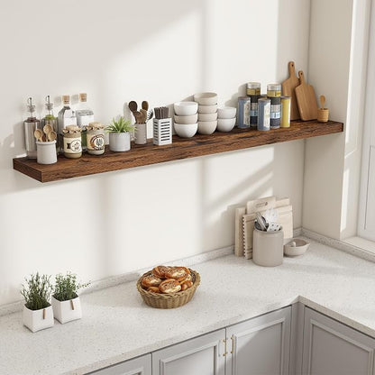 Fun Memories 72 Inch Fireplace Mantel Shelf, 10 Inch Deep Shelves for Display & Wall Storage, Rustic Wood Wall Shelf, Extra Long Floating Shelves for Living Room Laundry Room, Rustic Brown, Set of 2