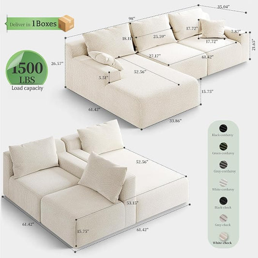 Homkdom 98" Boneless Modular Sectional Sofa, Cloud Couch with 27" Deep Seat & Oversized Chaise, L-Shaped High-Density Foam Sofa for Living Room, No Assembly Required (White-Check, Left Facing)