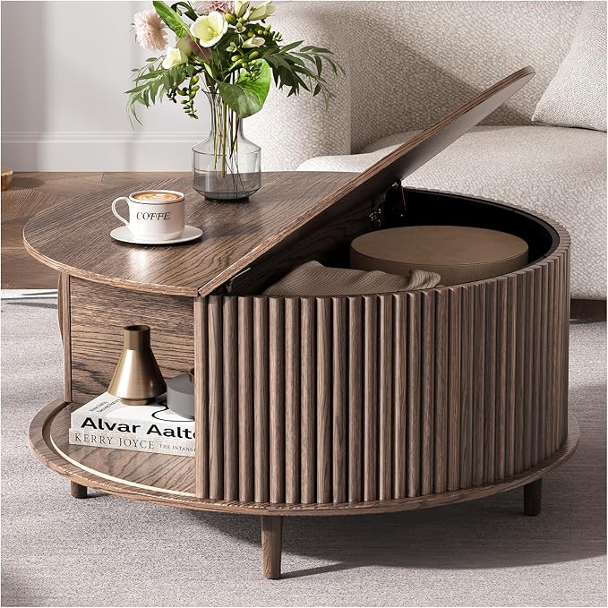 Round Coffee Table with Storage, 31.5" Mid Century Modern Coffee Table with Sliding Door & Solid Wood Legs, Minimalist Fluted Center Table for Living Room, Home Small Space, Walnut