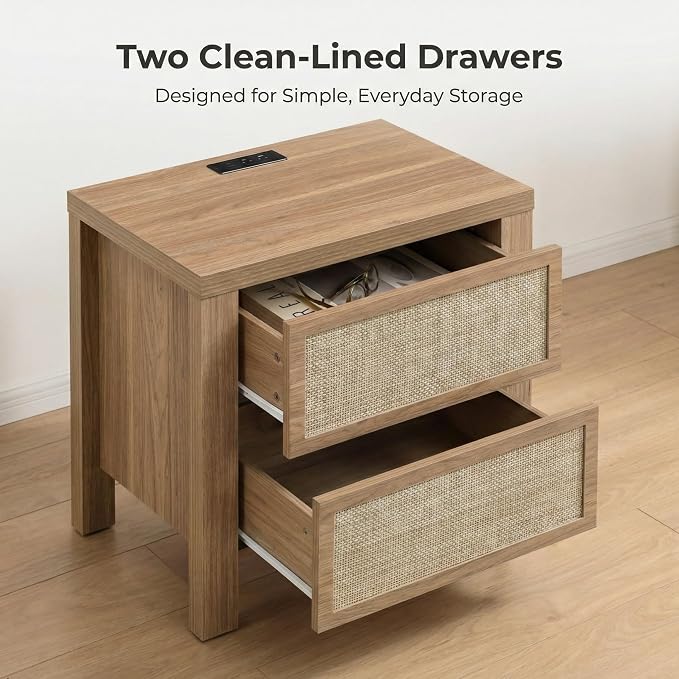 XIAO WEI 3-Piece Boho Bedroom Furniture Set, Queen Wood Bed Frame with Tall Rattan Headboard, Night Stand Set of 2 with Charging Station, Modern Bedroom Furniture Set