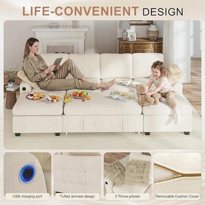 Hanherry 104" Sectional Couch with Pull Out Sofa Bed,Chenille Sleeper Sofa with Storage Ottoman & USB Charging,Comfy U Shaped Modular Couches for Living Room,Apartment