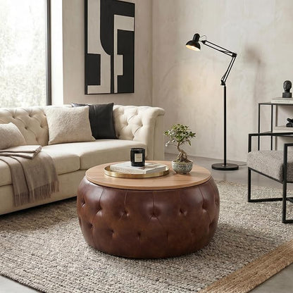 Round Storage Ottoman Coffee Table with Wooden Tabletop, 25 Inches Leather Ottoman for Living Room, Bedroom, Apartments (Brown)