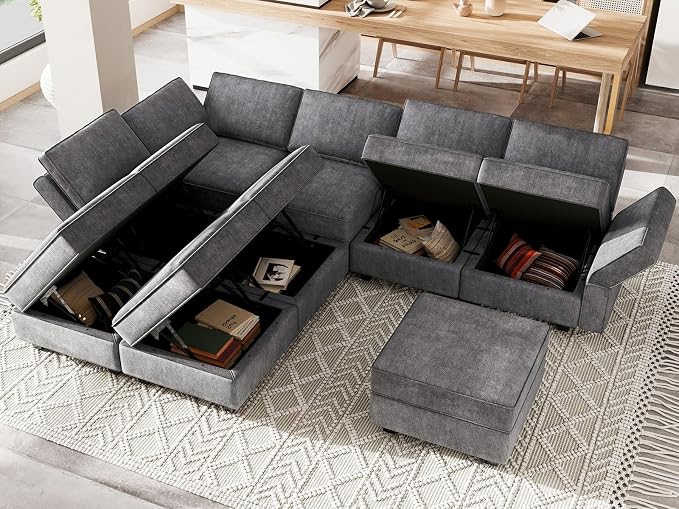 Belffin Modular Sectional Sleeper Sofa Couch with Storage Ottoman Convertible Sectional Couches for Living Room Terry Reversible Chaise. Dark Grey Sofa