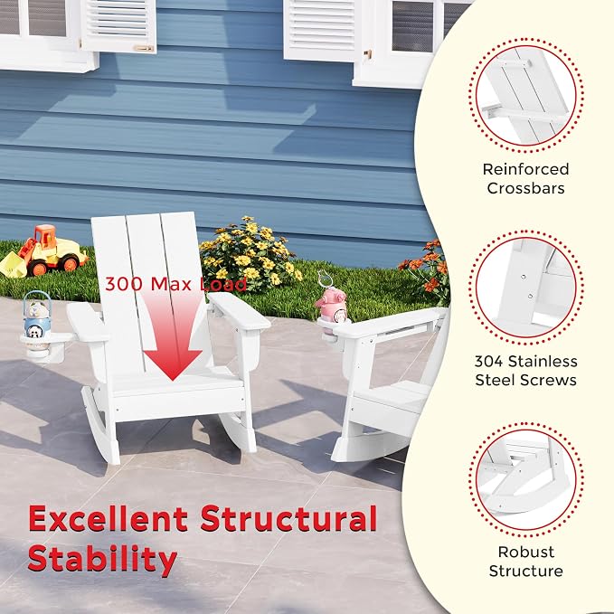 Costaelm Palms 3-Piece Kids Table and Chairs Set with Modern Toddler Rocking Chairs and Cup Holders, White