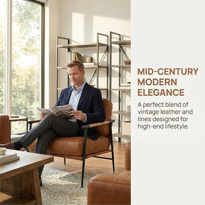 DUOMAY Mid-Century Modern Accent Chair Armchair Brown PU Leather Sofa Lounge Bedroom Chair with Metal Leg for Living Room Reading Office