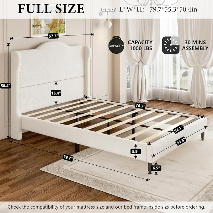 Full Bed Frame with Wingback Headboard, Upholstered Boucle Platform Bed Frame, Solid Wooden Slats Support, Noise-Free, No Box Spring Needed, Soft Cloud Bed for Bedroom, Cream