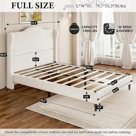 Full Bed Frame with Wingback Headboard, Upholstered Boucle Platform Bed Frame, Solid Wooden Slats Support, Noise-Free, No Box Spring Needed, Soft Cloud Bed for Bedroom, Cream