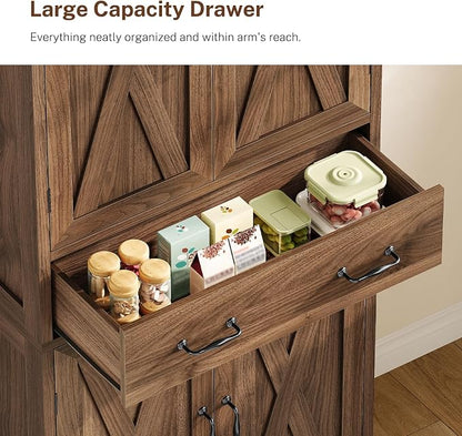 TEENFON Tall Storage Cabinet with 2 Adjustable Shelves & 1 Large Drawer, Kitchen Pantry Cabinet with 4 Doors, Bathroom Storage Cabinets, for Living Room, Kitchen, Bathroom, Walnut