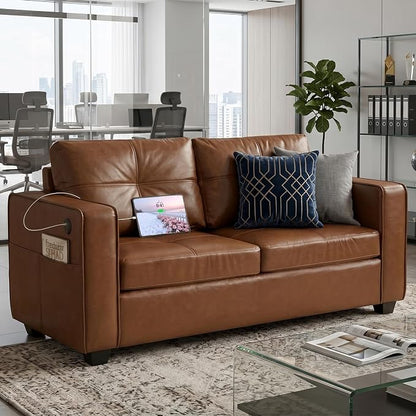 TYBOATLE 65" Faux Leather Love Seat Sofa for Living Room, Modern Tufted Comfy Loveseat w/USB Charging Ports and Wide Arms, 2 Seater Office Small Couch for Small Space Bedroom, Brown