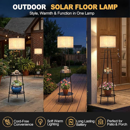 Solar Outdoor Floor Lamp with Plant Shelves, Waterproof Solar Standing Lamp for Patio Porch Garden Yard, Auto On/Off Warm LED Floor Light with 2-Tier Plant Stand, Cordless Outdoor Decor Lighting