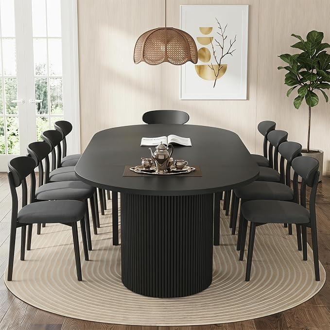 weselon 42"-105" Extendable Dining Table for 4-12, Expandable Oval Dining Room Table with Fluted Pedestal Base & Reinforced Metal Support Leg, Large Modern Kitchen Table for Dining Room (Black)