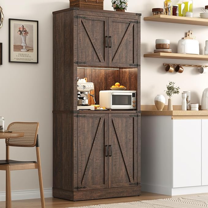 72" Tall Farmhouse Kitchen Pantry Cabinet with LED Light and Power Outlet,Modern Farmhouse Kitchen Storage Cabinet w Load-Bearing Steel Pipe,Barn Doors, Organizer,Food Pantry Cabinets(2PC Brown)