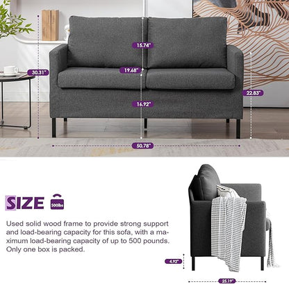TYBOATLE Linen Fabric Modern Small Loveseat Sofa Couch for Living Room, 51" W Little Upholstered 2-Seater Mini Love Seats w/Iron Legs for Small Space, Apartment, Bedroom, Dorm, Office (Dark Grey)