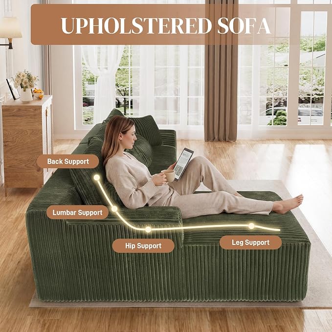 110" L Shaped Cloud Boneless Sectional Couches for Living Room, Modern Comfy Modular Deep Seat Memory Foam Compressed Corduroy Sofa Oversized Left Facing Chaise, No Assembly Required, Green