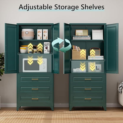 75" Metal Pantry Storage Cabinet with 3 Drawers, Green | Premium Cold-Rolled Steel Frame, Luxury Gold Handles, Adjustable Inner Shelves, Magnetic Doors, Anti-Tipping Kit