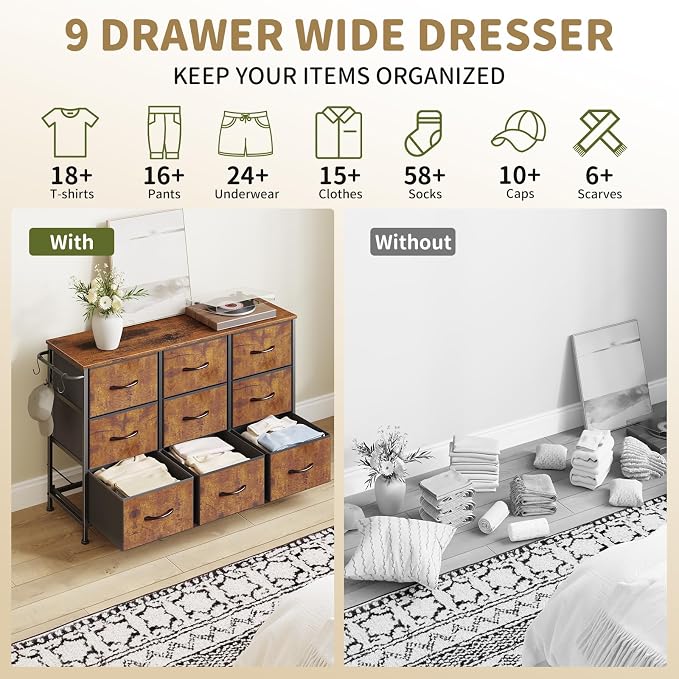 Dresser for Bedroom, Small Fabric Dressers for Kids Bedroom, 9 Drawers Dresser for Closet, Storage Organizer Chest of Drawers for Nursery, Dorm, Apartment, TV Stand, Wood Top, Side Hook (Rustic Brown)